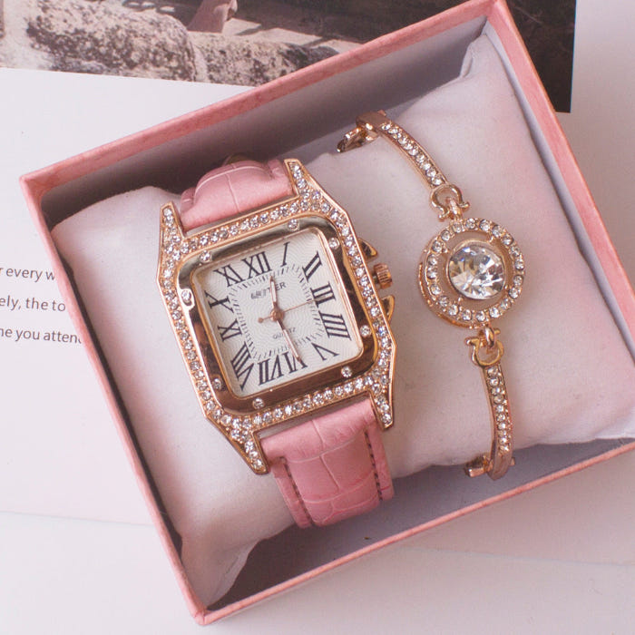 Women’s square rhinestone quartz watch with pink strap and gold-tone crystal charm bracelet