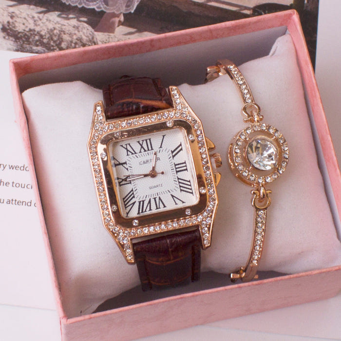 Women’s square rhinestone quartz watch with brown strap and crystal charm bracelet set