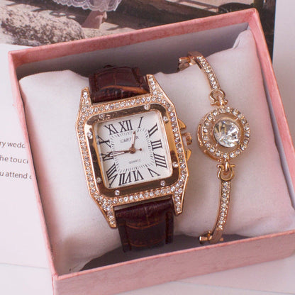 Women’s square rhinestone quartz watch with brown strap and crystal charm bracelet set