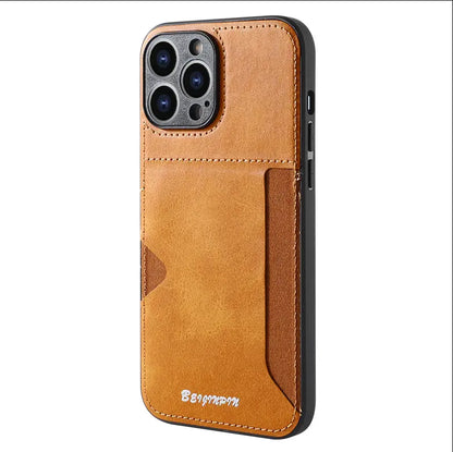 Tan leather card phone case with stitched wallet pocket and cutout for camera