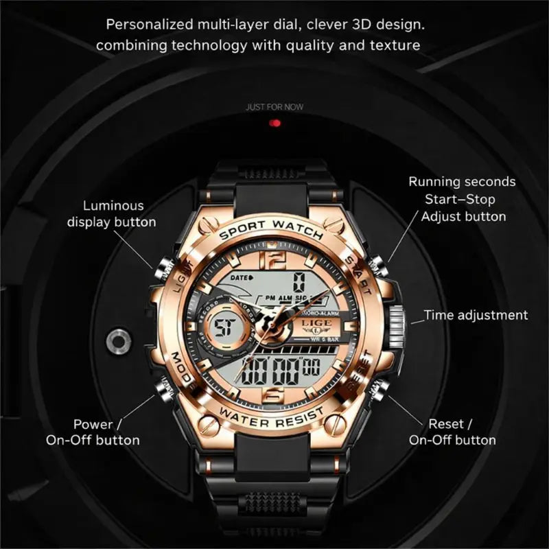 Men's dual display quartz watch with black strap and rose-gold case, sport buttons