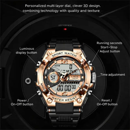 Men's dual display quartz watch with black strap and rose-gold case, sport buttons