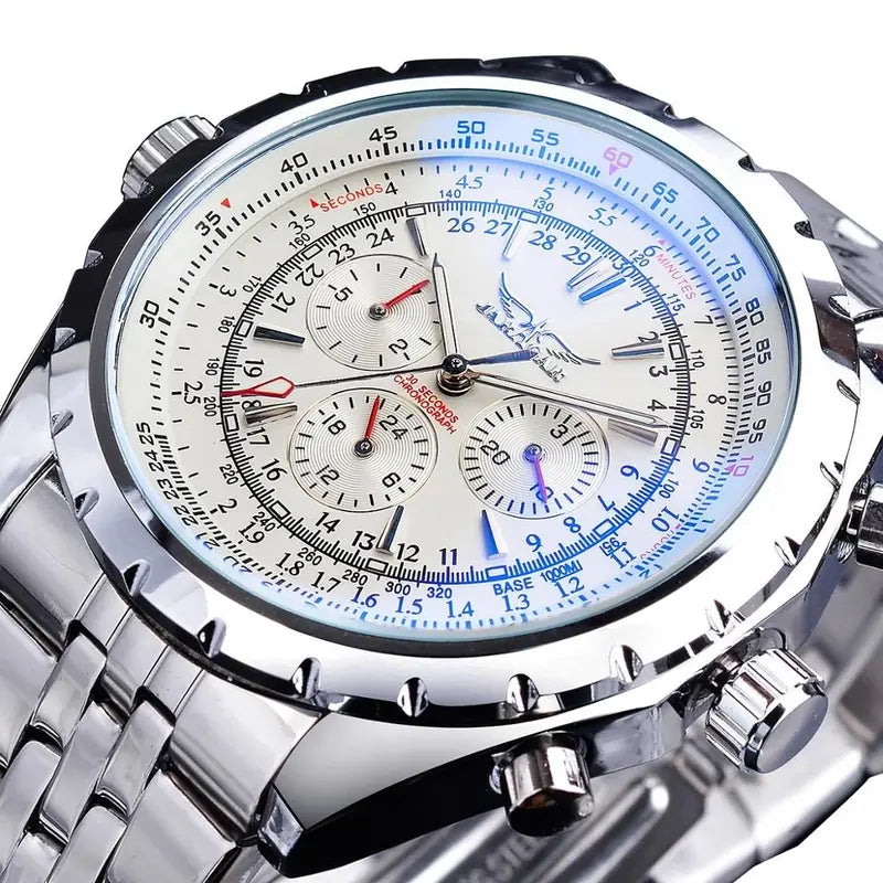 White and blue chronograph watch with multi-dial layout, silver link bracelet, metal bezel
