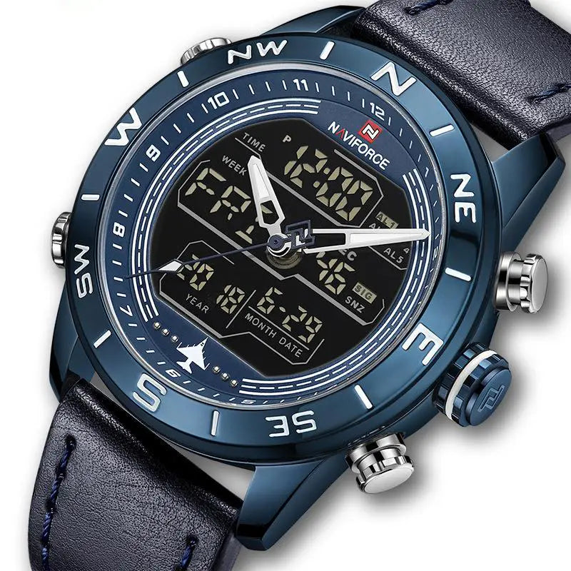 Men's wristwatch with dark blue case, black dial, and black leather strap