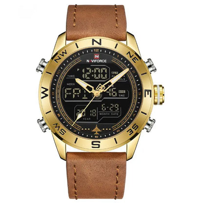 Men's wristwatch with gold case, black dial, and brown leather strap
