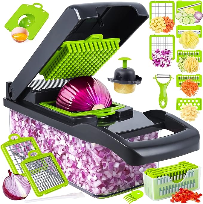 Black and green vegetable chopper slicer with container and interchangeable blade inserts.