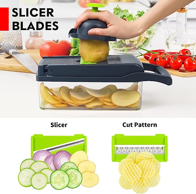 Vegetable slicer chopper with container, front view with stacked vegetable slices