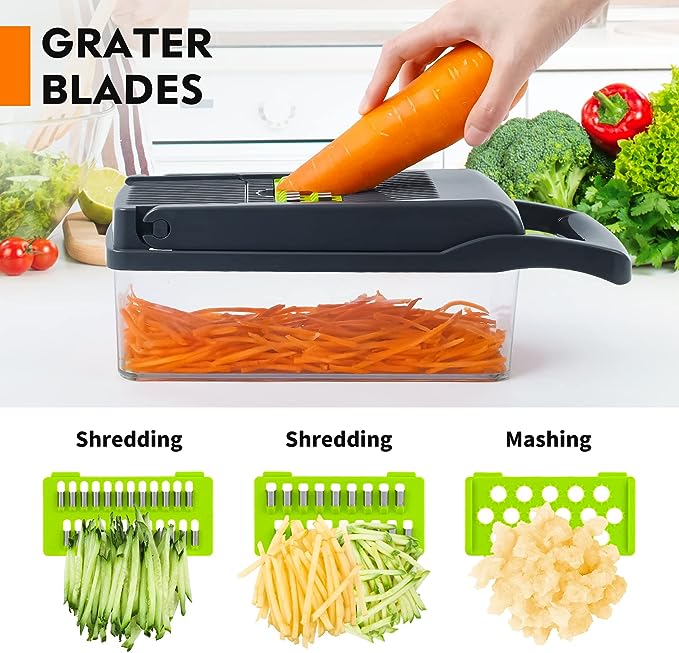 Multi-blade vegetable chopper and slicer with clear container and orange handle