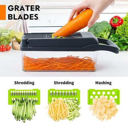 Multi-blade vegetable chopper and slicer with clear container and orange handle
