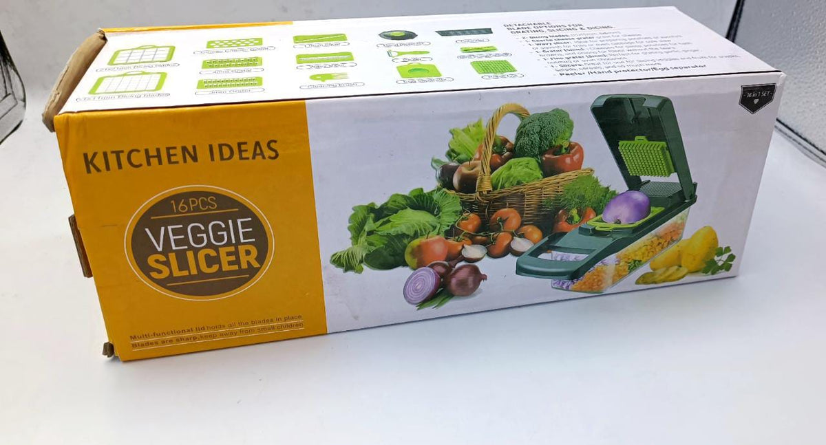 Multi-blade vegetable chopper and slicer with container retail box