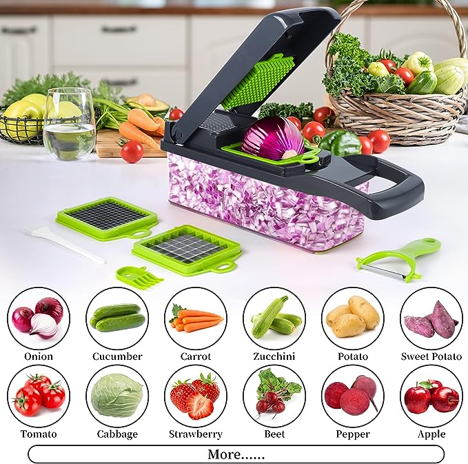 Multi-blade vegetable chopper and slicer with container; black handle, green blade grids