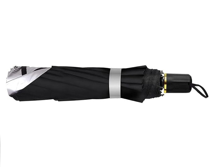 Foldable car windshield sunshade umbrella, closed black canopy with strap and handle