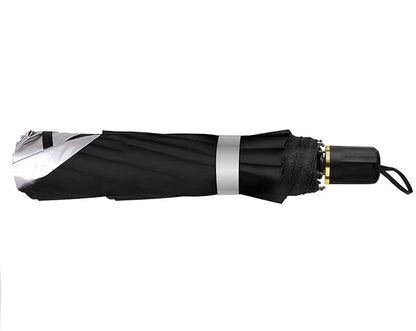 Foldable car windshield sunshade umbrella, closed black canopy with strap and handle