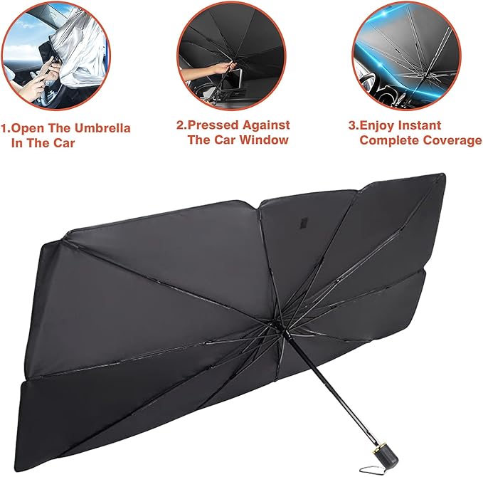 Foldable car windshield sunshade umbrella with black canopy and metal ribs, open