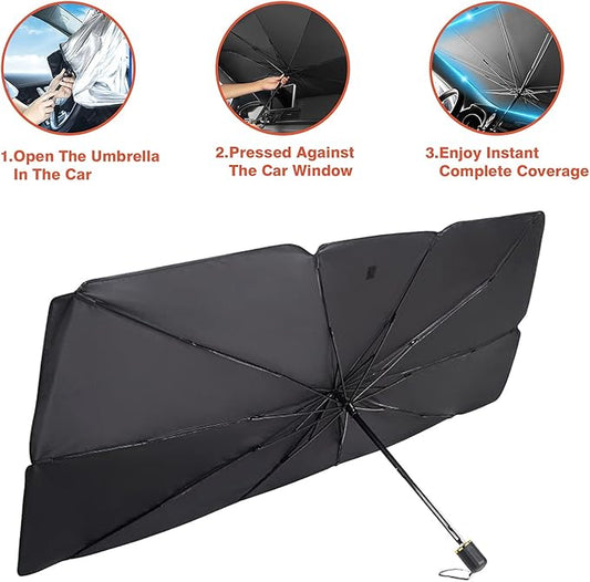 Foldable car windshield sunshade umbrella with black canopy and metal ribs, open