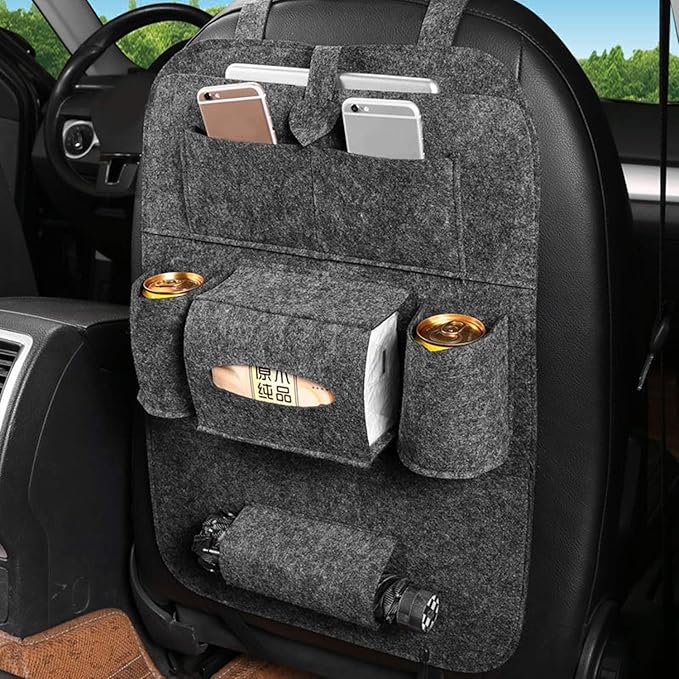 Dark gray felt seat organizer with phone/tablet pockets and two side cup holders