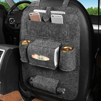 Dark gray felt seat organizer with phone/tablet pockets and two side cup holders