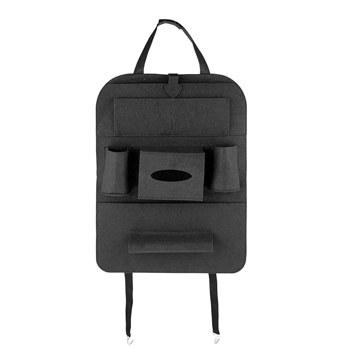 Dark gray felt car seat back organizer with hanging straps, cup slot, and storage pockets