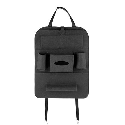 Dark gray felt car seat back organizer with hanging straps, cup slot, and storage pockets