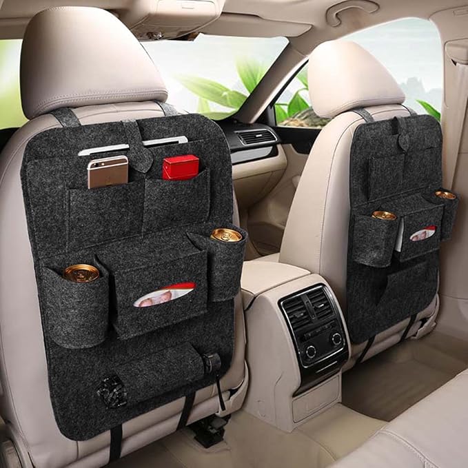Dark gray felt car seat organizer with front storage pockets and tablet holder