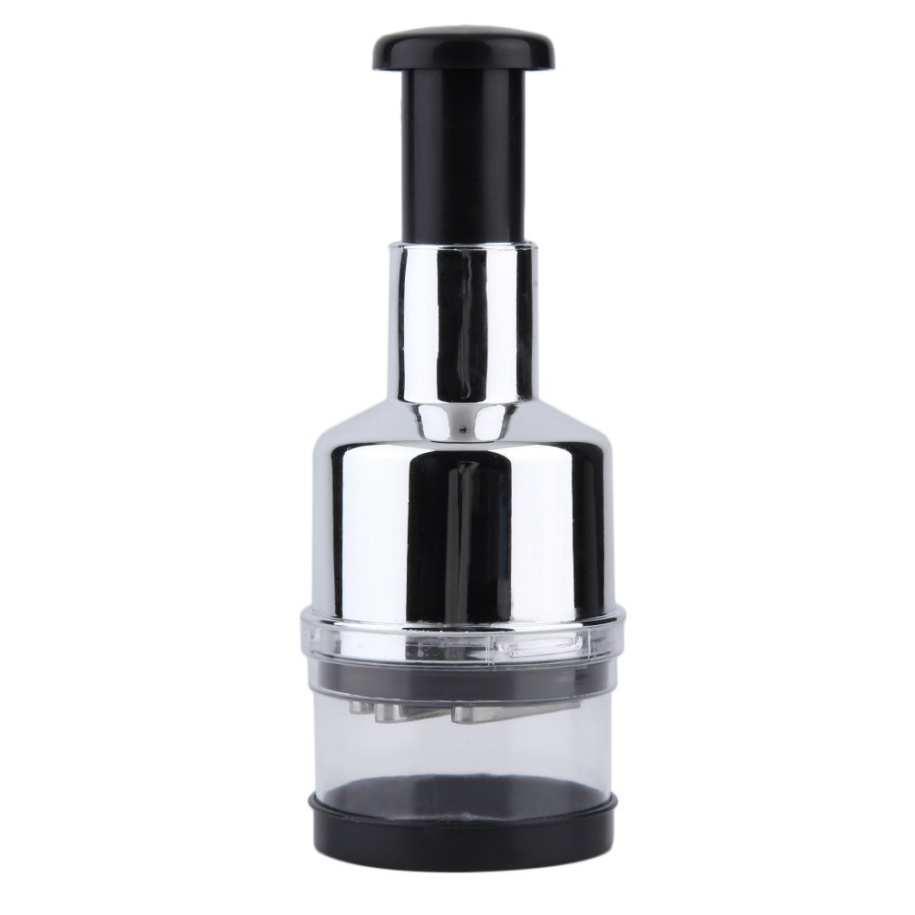 Manual press chopper with stainless-steel body, black top, and clear bottom cup