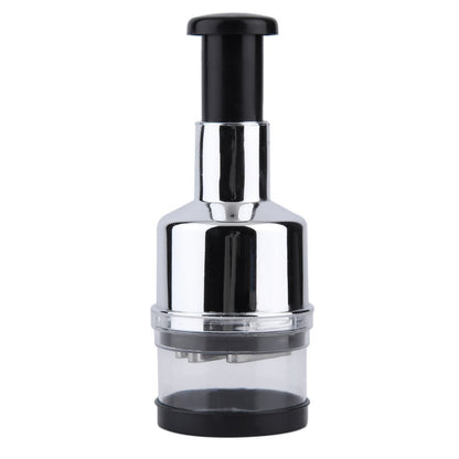 Manual press chopper with stainless-steel body, black top, and clear bottom cup