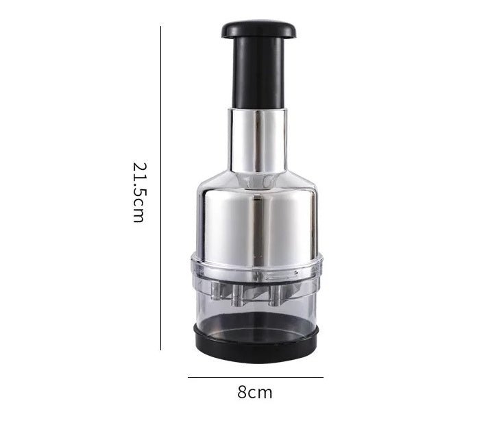 Manual press chopper size view: stainless-steel body, black top, clear cutting cup