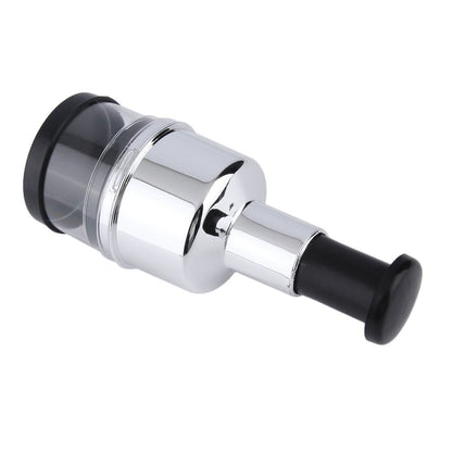 Manual press chopper handle side view with stainless-steel and black end cap