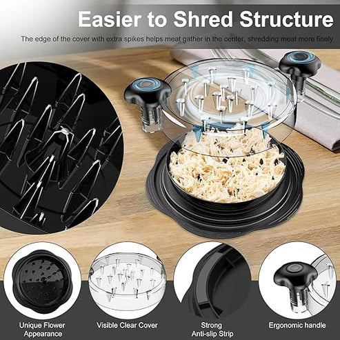 Manual meat shredder containing shredded cooked chicken
